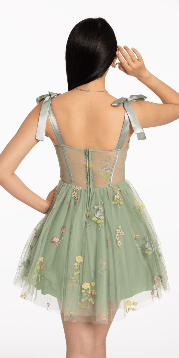 Mesh Floral Embroidered Corset Fit and Flare Dress Image 3