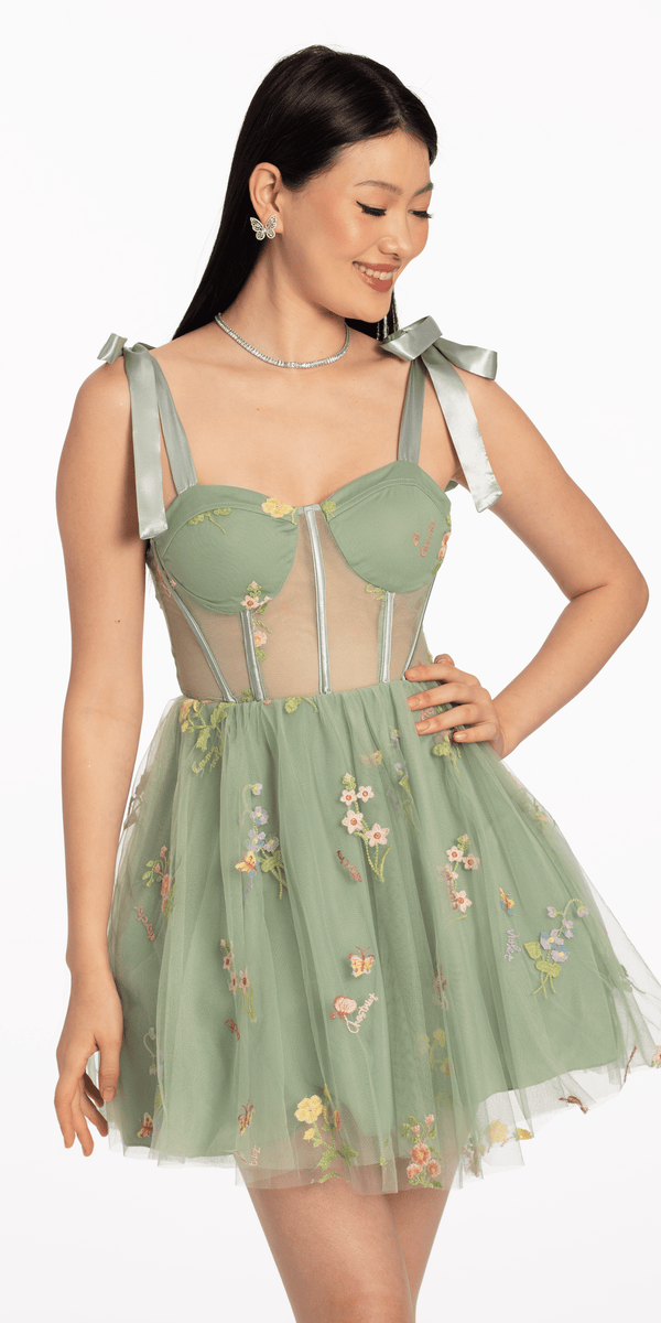 Mesh Floral Embroidered Corset Fit and Flare Dress Image 1