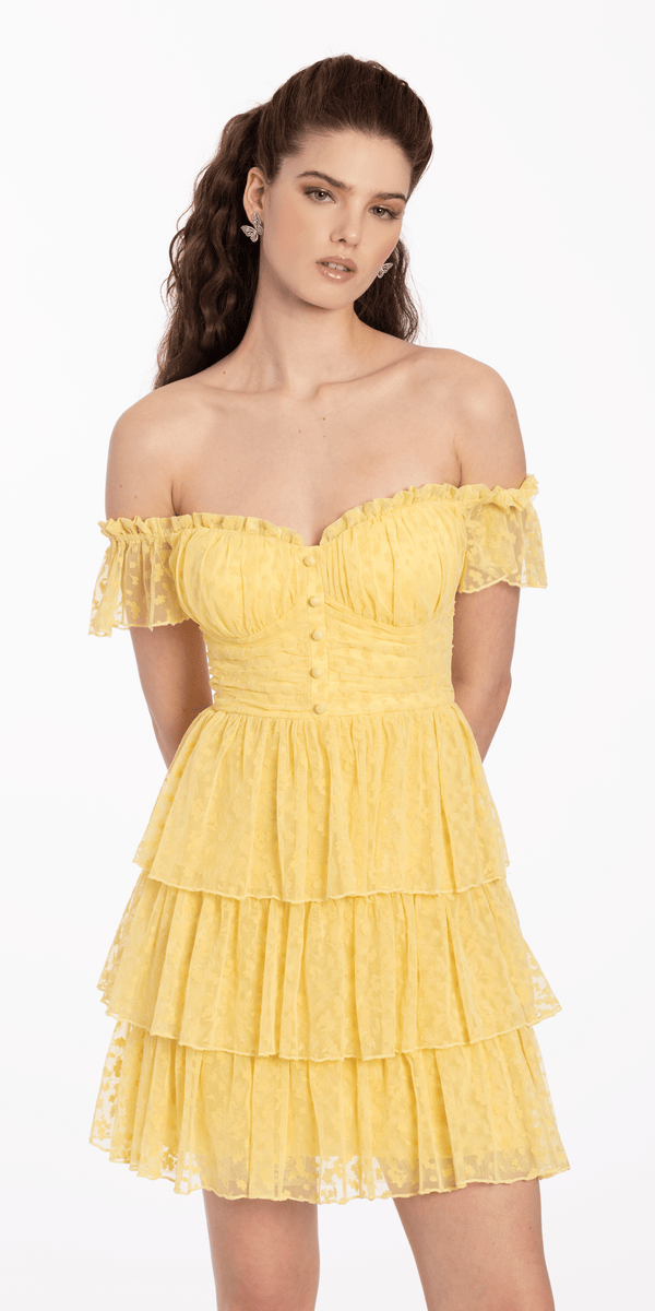 Embossed Mesh Off the Shoulder Tiered Fit and Flare Dress Image 1