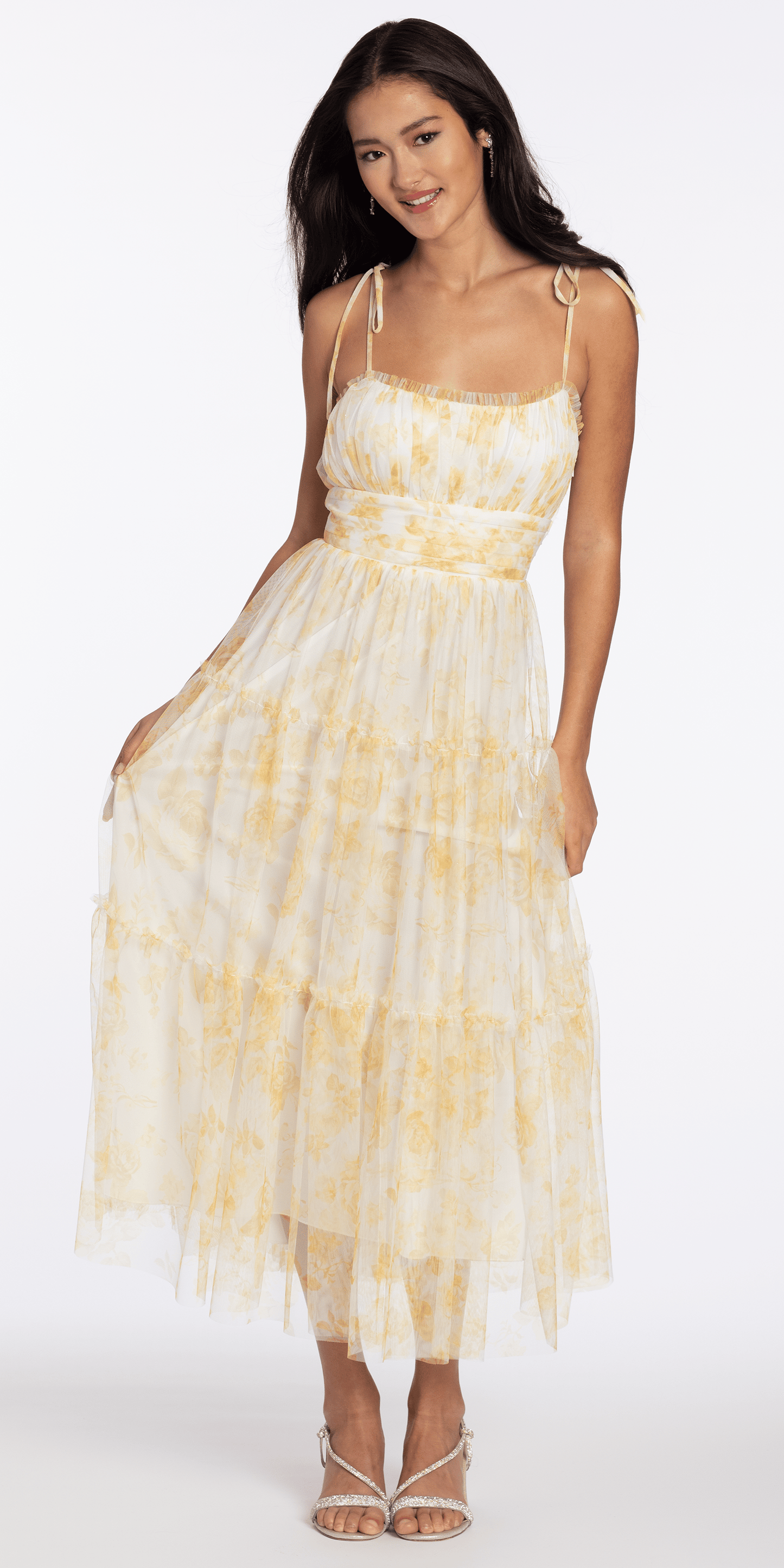 yellow/size/s/missy/Camille La Vie/Mesh Scoop Neck Ruffle Tiered Maxi yellow/Dress with Shoulder Ties /front