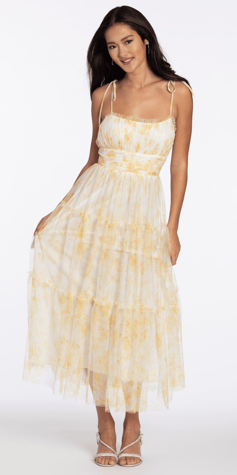 chinese dress ladies Mesh Scoop Neck Ruffle Tiered Maxi Dress with Shoulder Ties – Camille La Vie