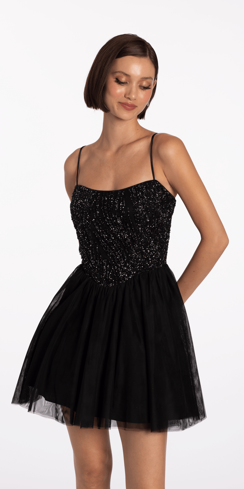 Beaded Mesh Corset Lace Up Back Fit and Flare Dress Image 1