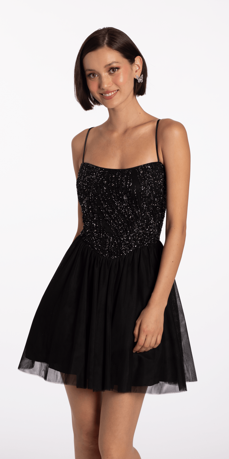 Beaded Mesh Corset Lace Up Back Fit and Flare Dress Image 3