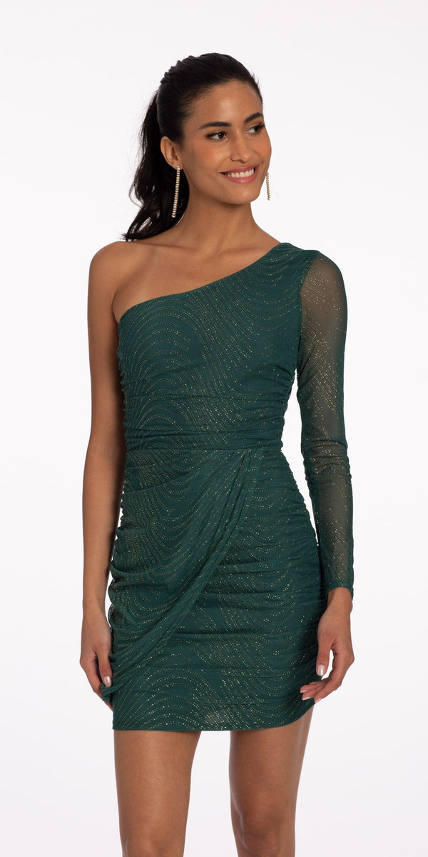 Glitter Knit One Shoulder Long Sleeve Ruched Dress Image 1