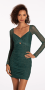 Glitter Mesh Shirred Long Sleeve Sweetheart Bodycon Dress Image 2