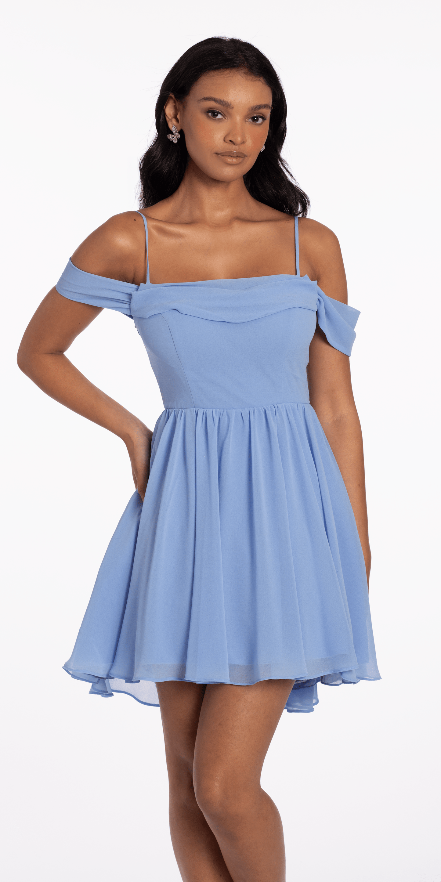Camille La Vie Chiffon Off the Shoulder Drape Front Fit and Flare Dress missy / 4 / periwinkle