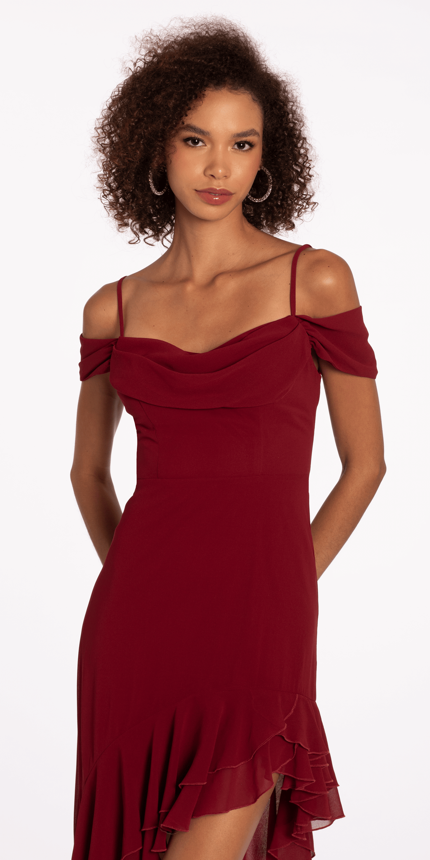 dark-red/size/S/missy/Camille La Vie/Chiffon Off the Shoulder Drape High Low Dress with Ruffle Hem/close up
