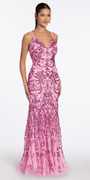 pink/size/4/missy/ Camille La Vie/Strappy Back Swirl Sequin Illusion Column Dress /front