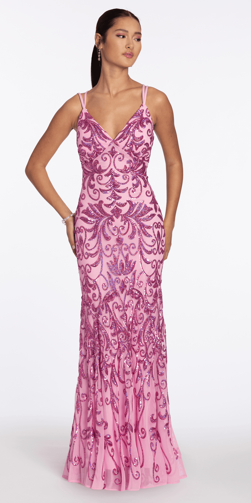 pink/size/4/missy/ Camille La Vie/Strappy Back Swirl Sequin Illusion Column Dress /front alt