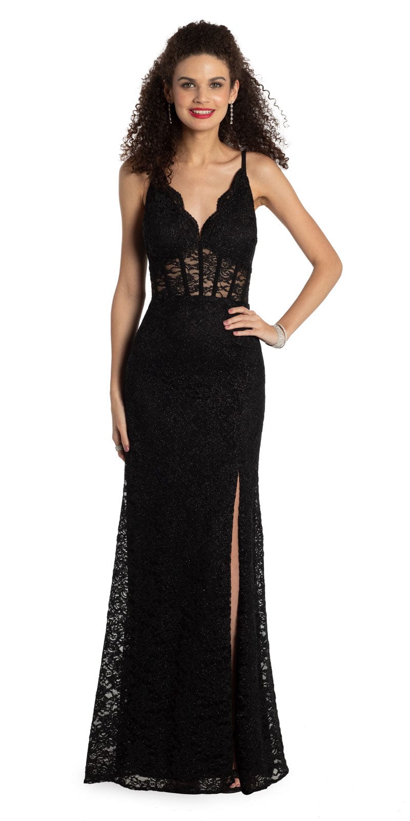 Glitter Lace Scallop V Neck Corset Column Dress Image 1