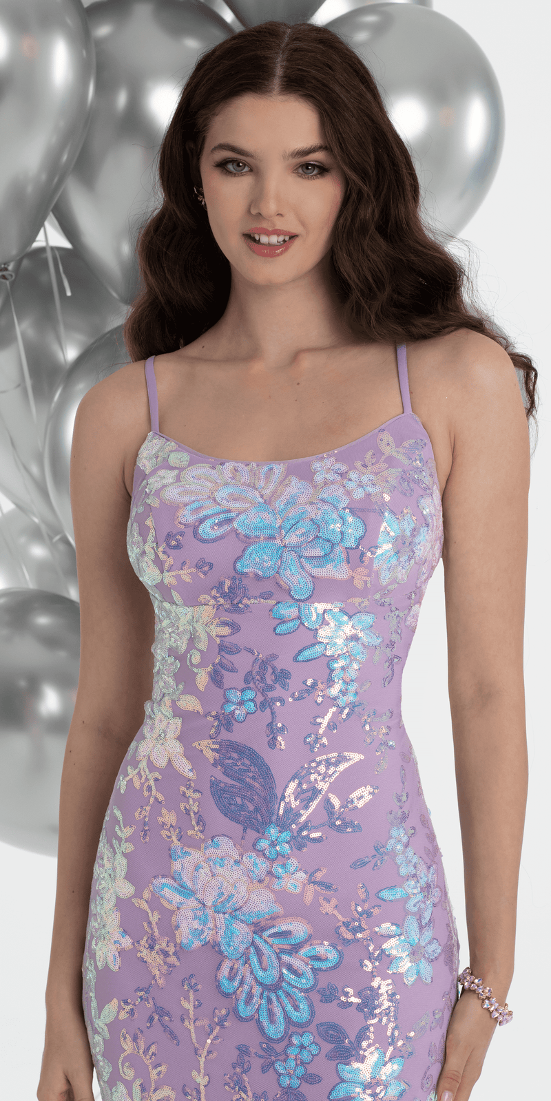 Morgan Co. Pattern Floral Sequin Bar Back Long Prom Dress, Womens, 5, Lavender