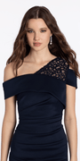 nude-navy/size/4/missy/Camille La Vie/Lace One Shoulder Foldover Scuba Column Dress with Back Slit/close up