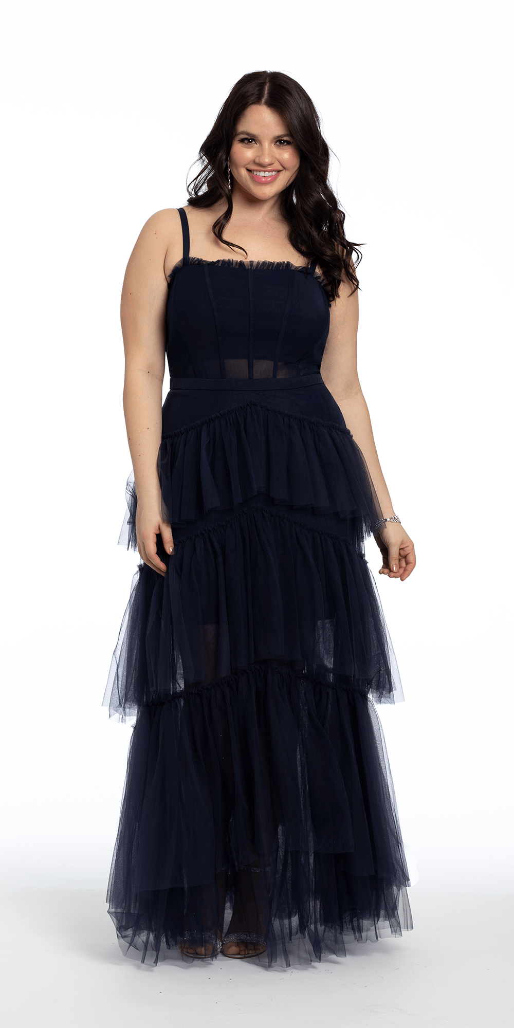 Camille La Vie Sheer Mesh Corset Tiered A Line Dress plus / 16 / navy