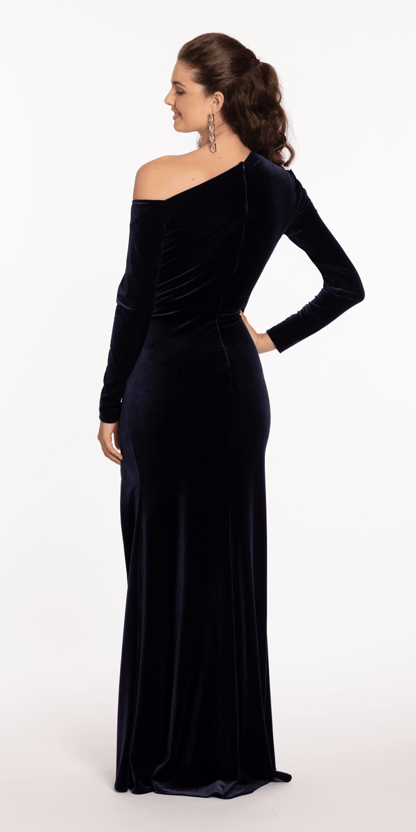 Velvet One Shoulder Long Sleeve Trumpet Dress Image 4