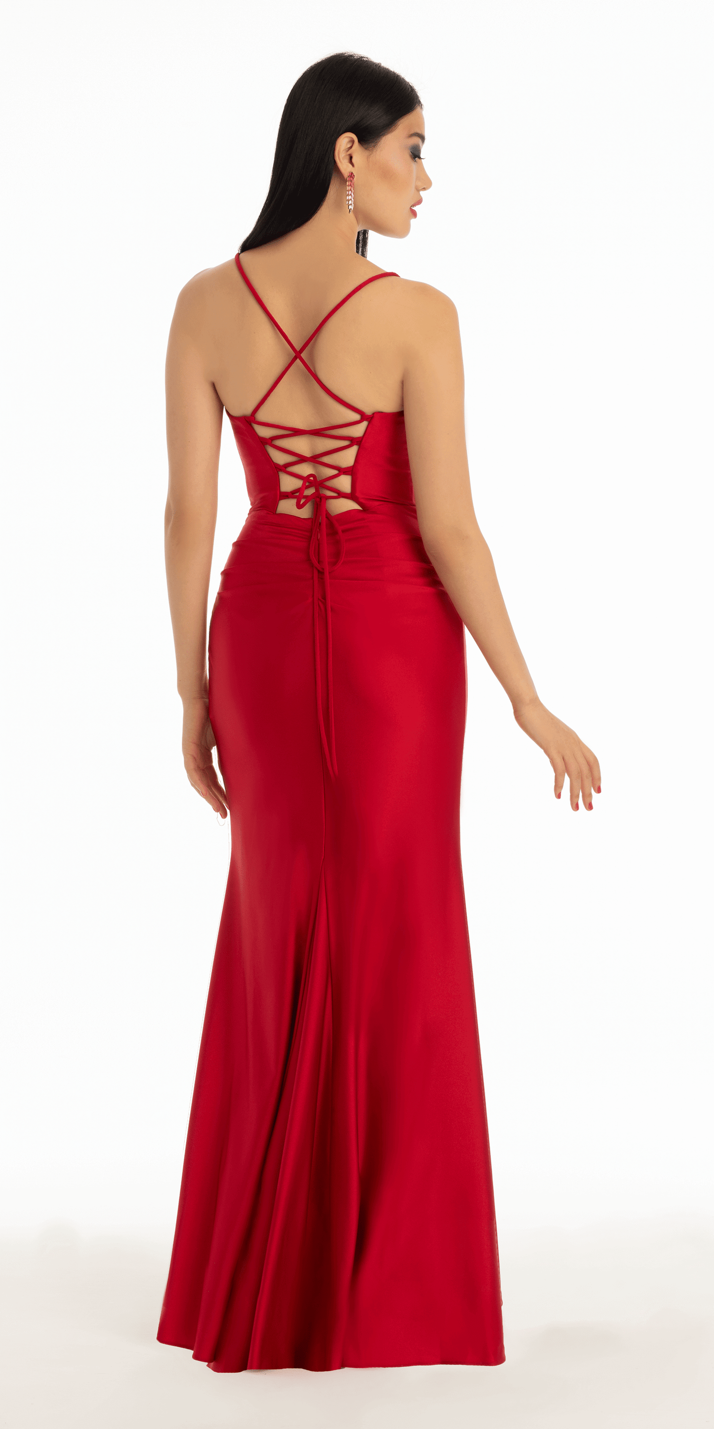 red/size/0/missy/Camille La Vie/Stretch Satin Lace Up Back Dress with Train/back