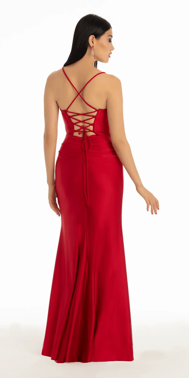 Stretch Satin Lace Up Back Dress with Train – Camille La Vie