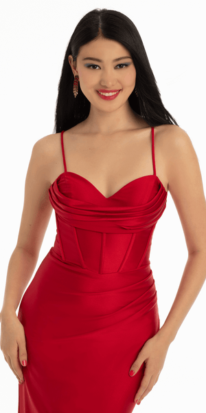 Stretch Satin Lace Up Back Dress with Train Image 6