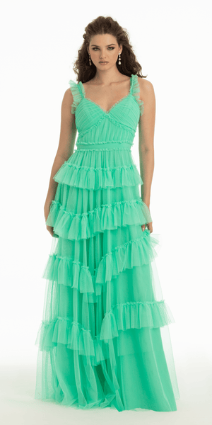 Multi Tiered Tulle Ballgown with Satin Waist Accent Image 3