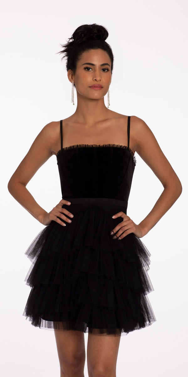 Velvet Tiered Mesh Fit and Flare Dress Image 1