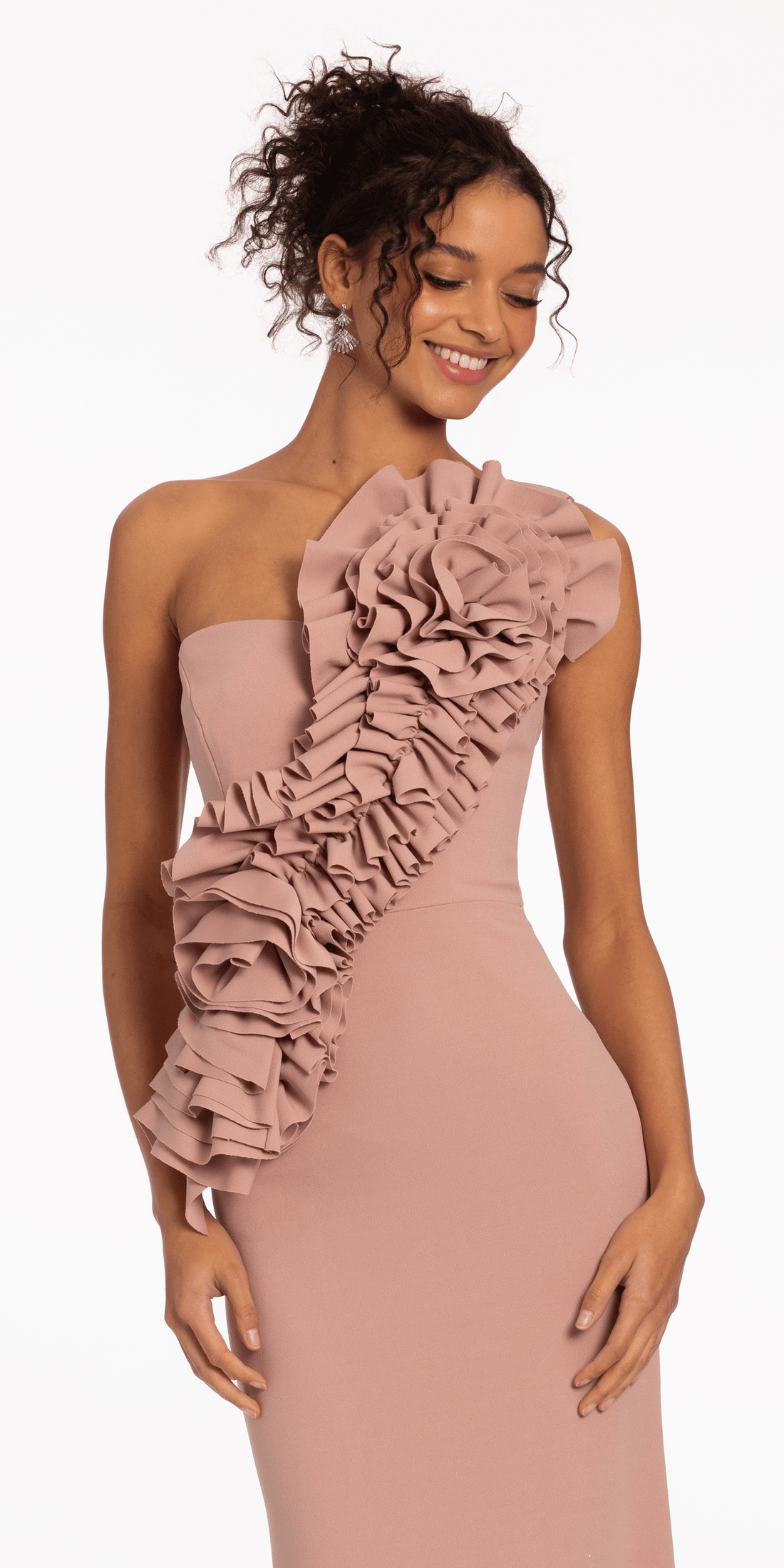Crepe One Shoulder Column Dress with Origami Ruffle Detail โ Camille La Vie