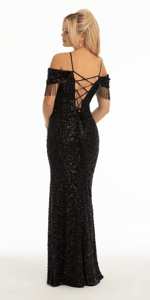 Sequin Off the Shoulder Fringe Lace Up Column Dress Image 3