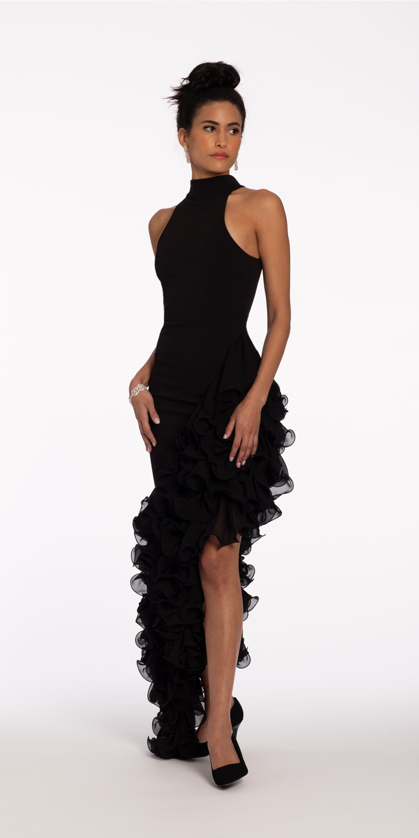 Camille La Vie Mock Neck Crepe Asymmetrical Hem Dress with Chiffon Ruffles missy / 2 / black