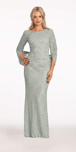 Boat Neck Glitter Lace Column Dress with Drape Back Image 1