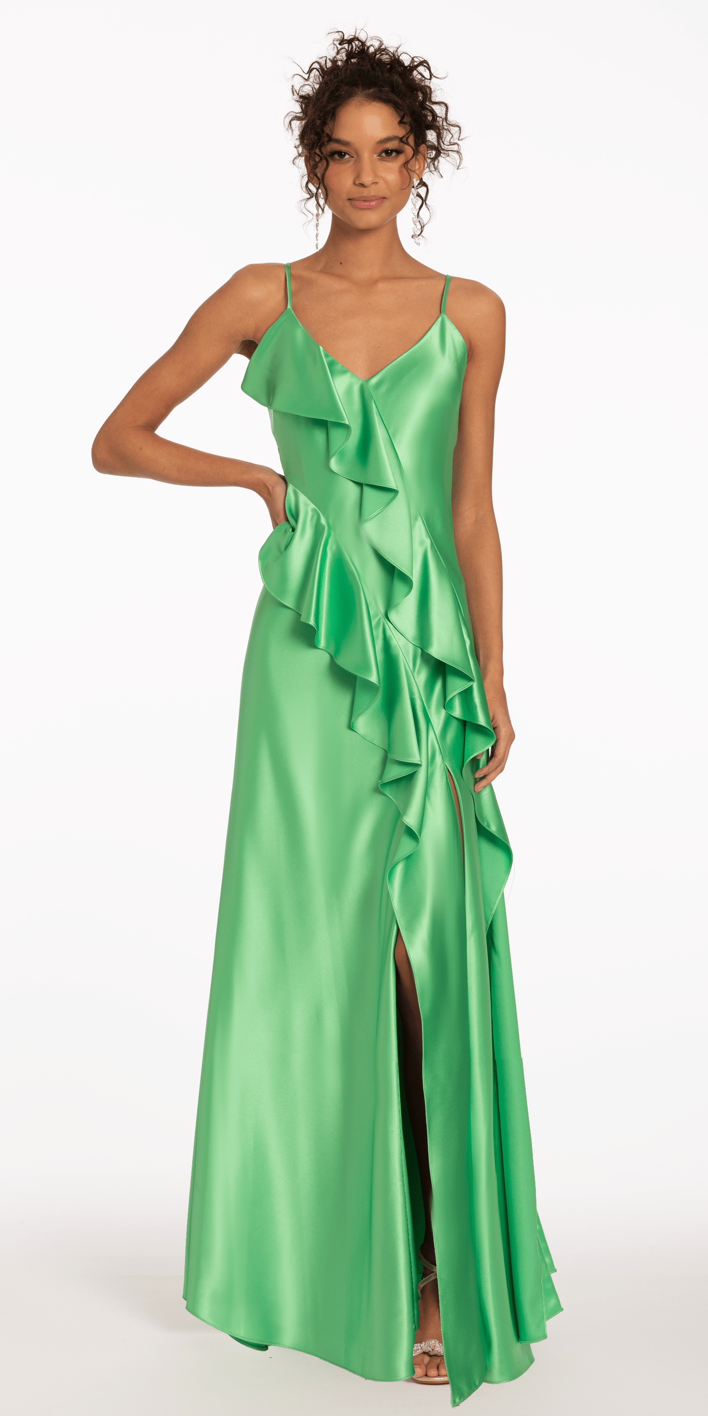 Camille La Vie Satin Ruffle Front Slip Dress with Side Slit missy / 0 / green