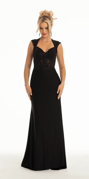 Sweetheart Lace Cap Sleeve Corset Column Dress with Keyhole Back Image 1