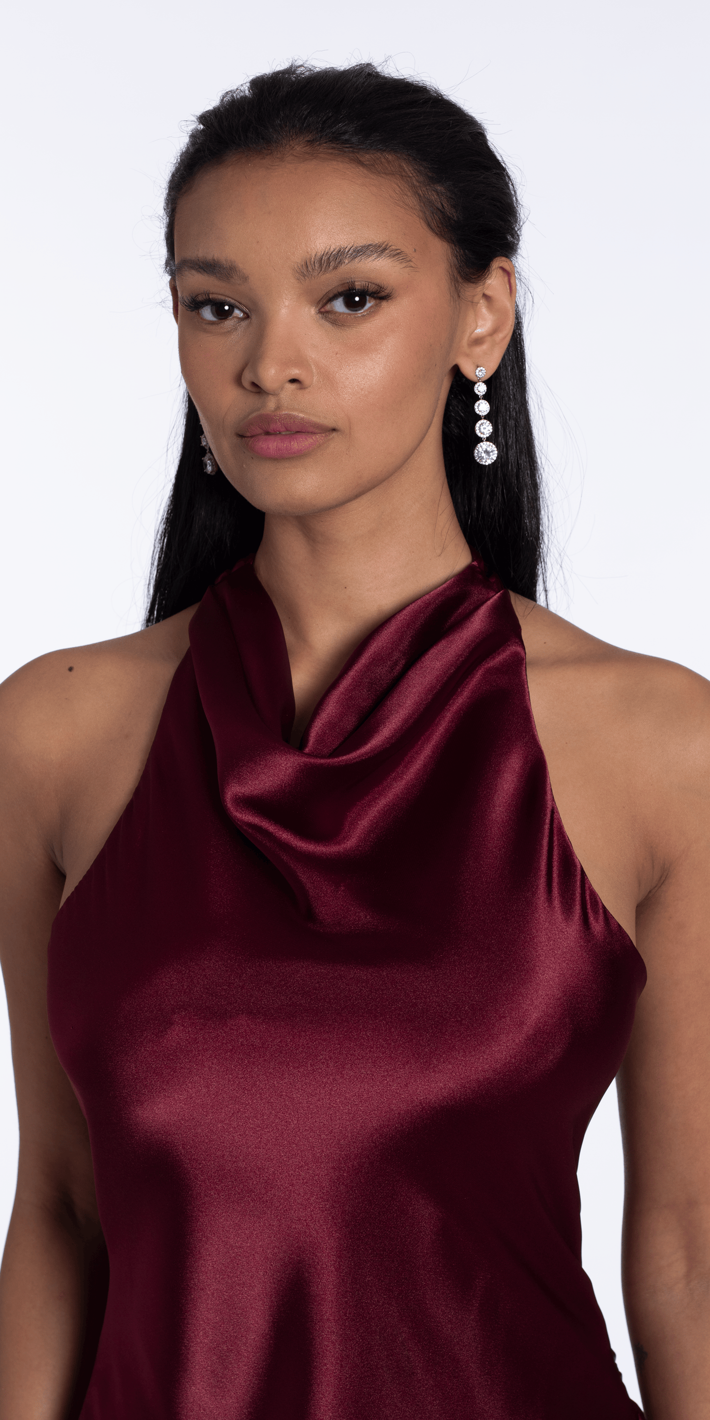 burgundy/size/2/missy/Camille La Vie/Satin Tie Back Halter Column Dress/close up