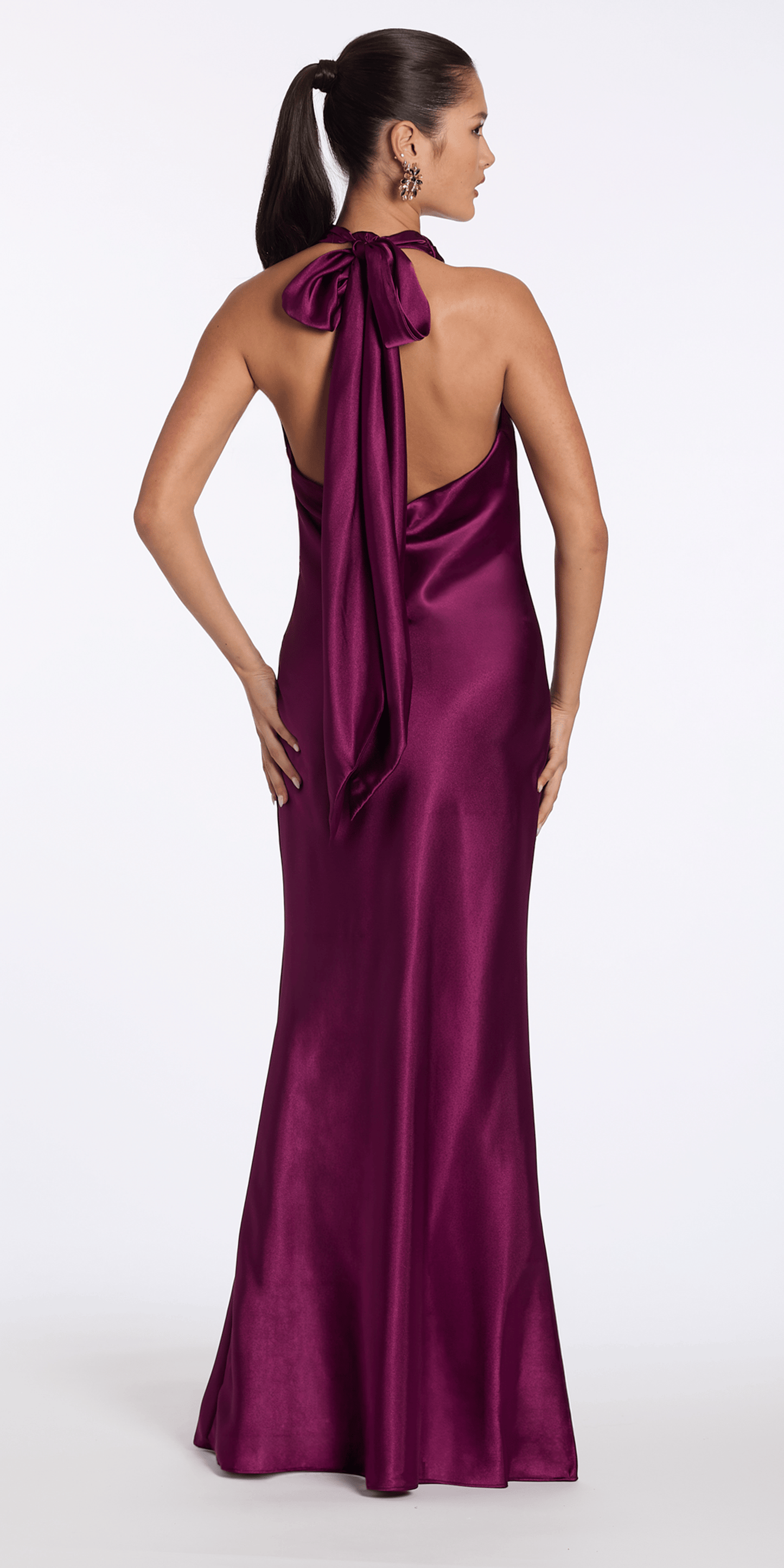 Camille La Vie Satin Tie Back Halter Column Dress