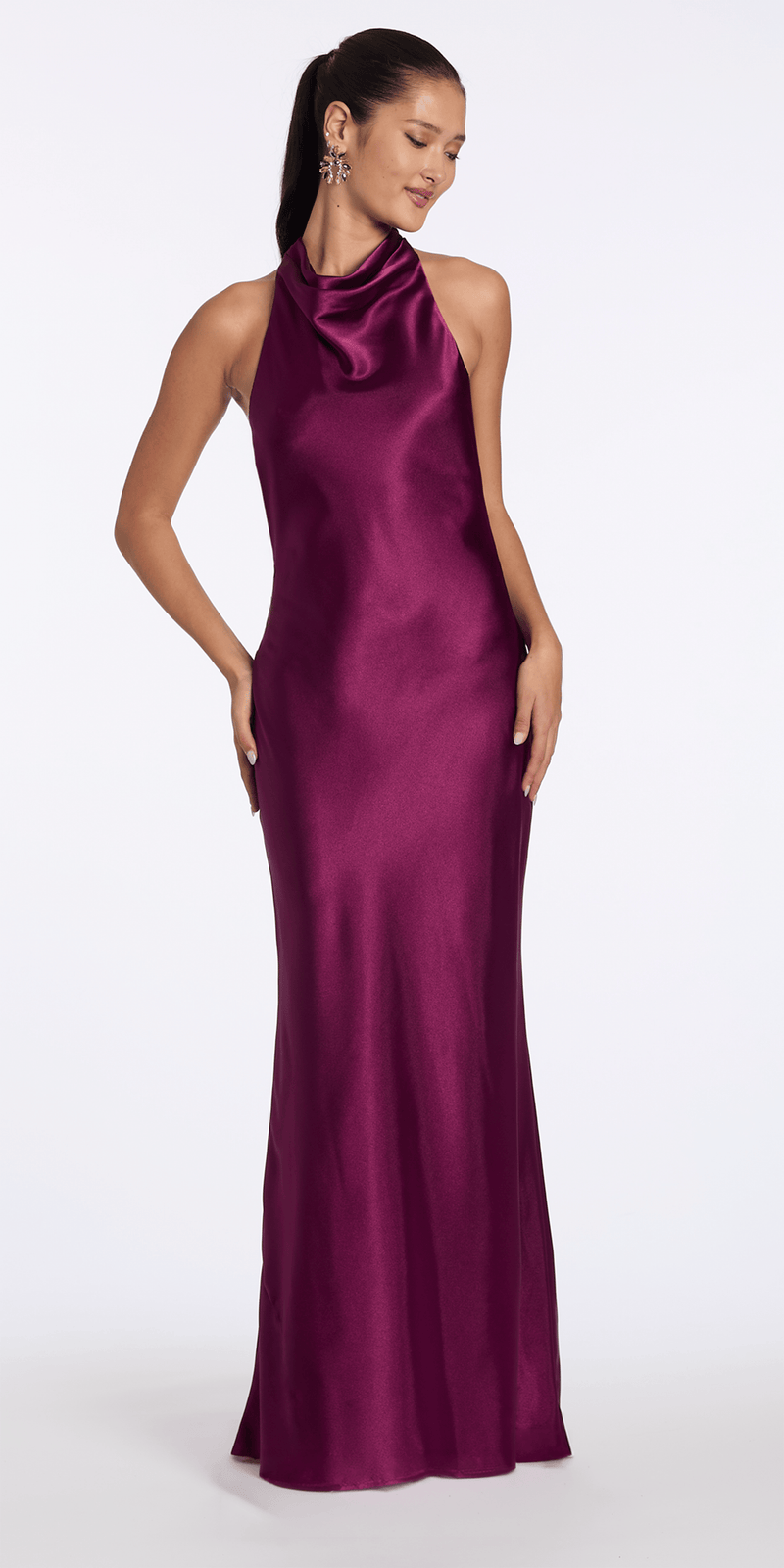 Camille La Vie Satin Tie Back Halter Column Dress
