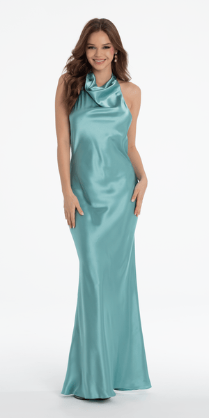 Satin Tie Back Halter Column Dress Image 9