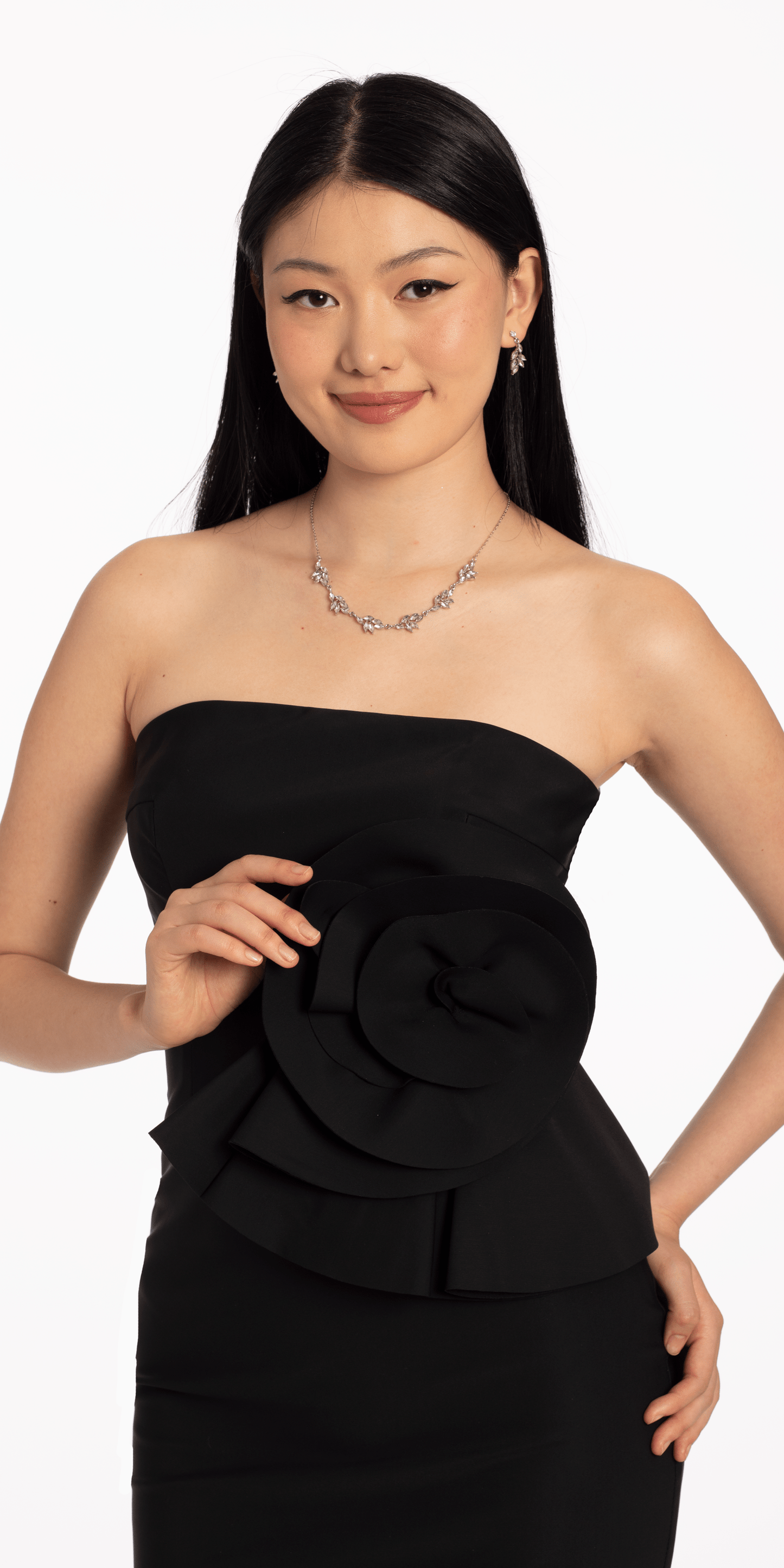 Camille La Vie /Strapless Midi Dress with Side Ruched Rose Detail /missy /size/ 2/ black/close up alt