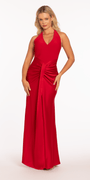 Crepe and Satin Halter Column Dress with Center Ruching Image 3