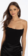black/size/4/missy/ Camille La Vie/Pointed Strapless Scuba Corset Column Satin Dress /close up