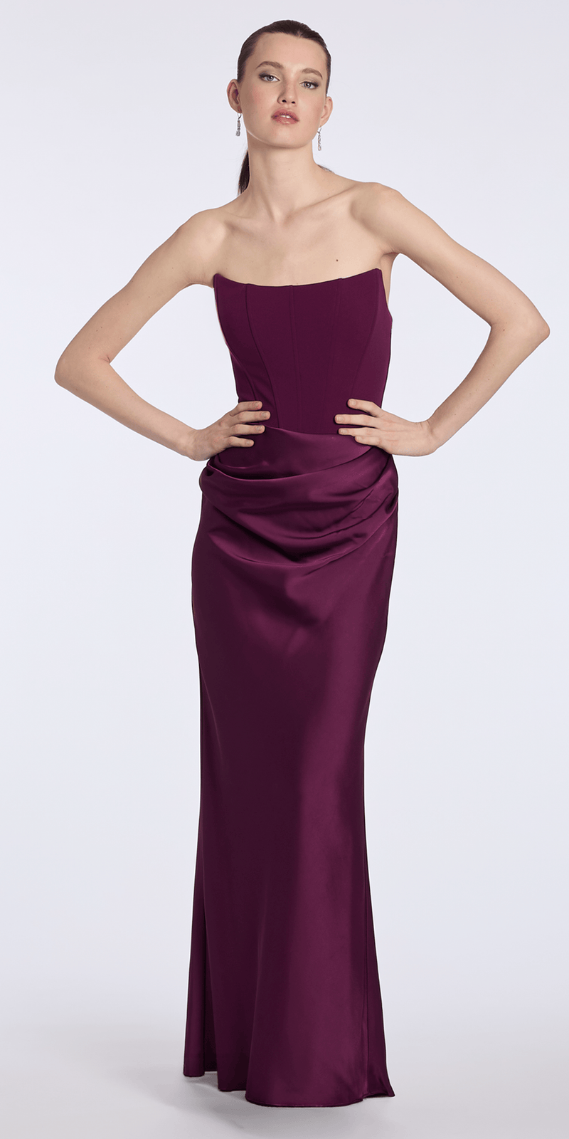 plum/size/4/missy/ Camille La Vie/Pointed Strapless Scuba Corset Column Satin Dress /front alt