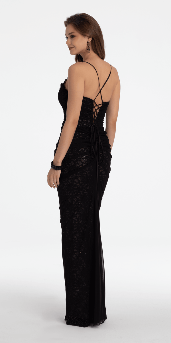 Ruched Sequin Lace Up Back Column Dress Image 4
