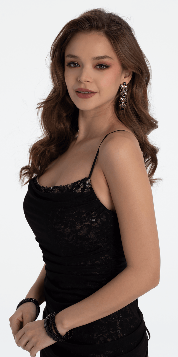 Ruched Sequin Lace Up Back Column Dress Image 3