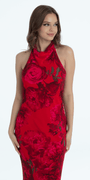 Rose Print Cowl Neck Tie Back Halter Column Dress Image 3