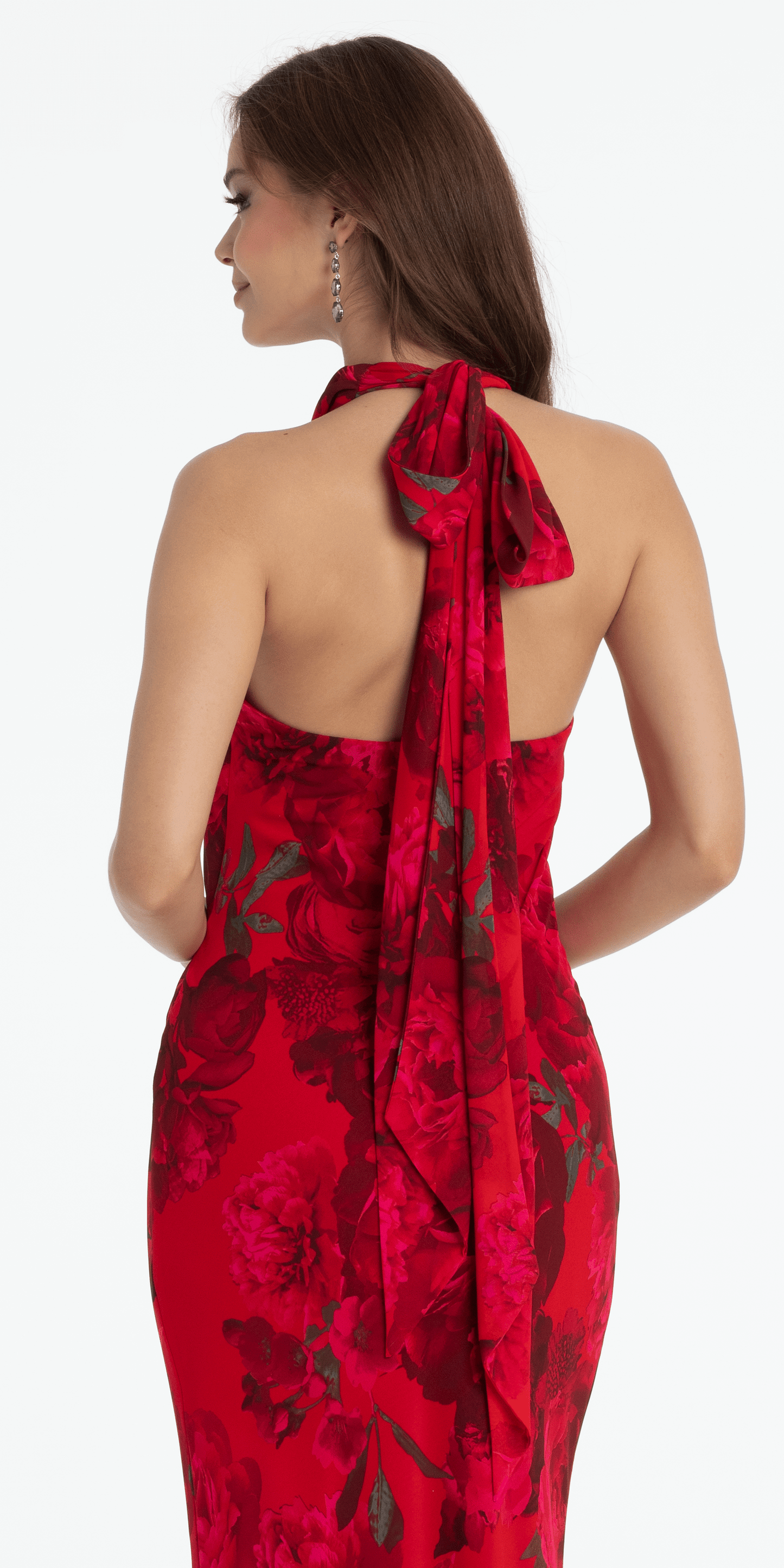 Camille La Vie /Rose Print Cowl Neck Tie Back Halter Column Dress /missy/ size / 0 /red/close up back