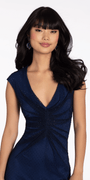 Fishnet Cap Sleeve V Neck Column Dress with Front Slit Image 2
