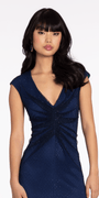 Fishnet Cap Sleeve V Neck Column Dress with Front Slit Image 3