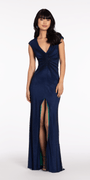 Fishnet Cap Sleeve V Neck Column Dress with Front Slit Image 1