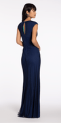 Fishnet Cap Sleeve V Neck Column Dress with Front Slit Image 4