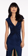 Fishnet Cap Sleeve V Neck Column Dress with Front Slit Image 3
