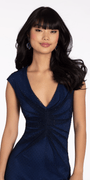Fishnet Cap Sleeve V Neck Column Dress with Front Slit Image 2