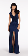Fishnet Cap Sleeve V Neck Column Dress with Front Slit Image 1