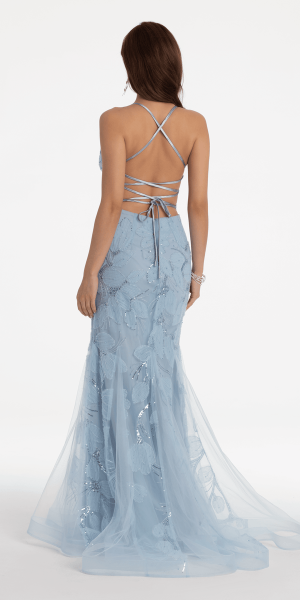 Sequin Floral Mesh Lace Up Back Dress – Camille La Vie