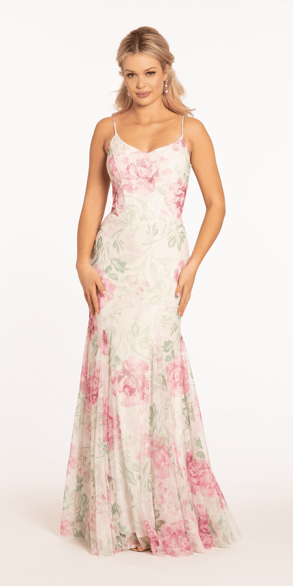 Betsy & Adam Women's Sequin Floral Print Sleeveless Gown - Ivory/Pink
